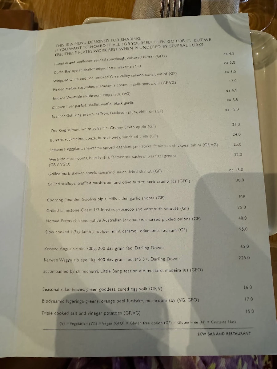 Menu, 2KW Bar & Restaurant