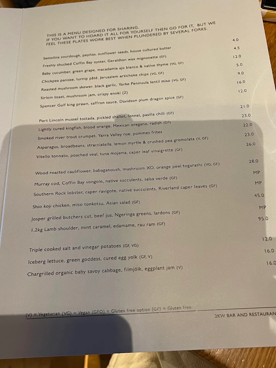 Menu, 2KW Bar & Restaurant