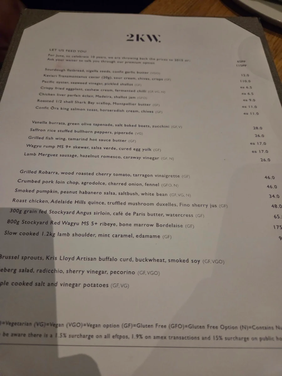 Menu, 2KW Bar & Restaurant