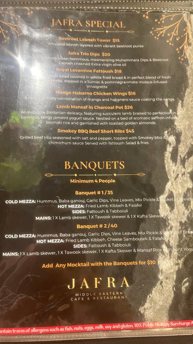 Menu, Jafra Middle Eastern Cafe & Restaurant