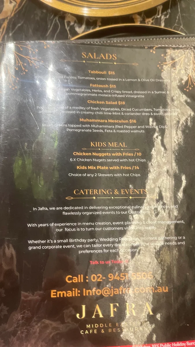 Menu, Jafra Middle Eastern Cafe & Restaurant