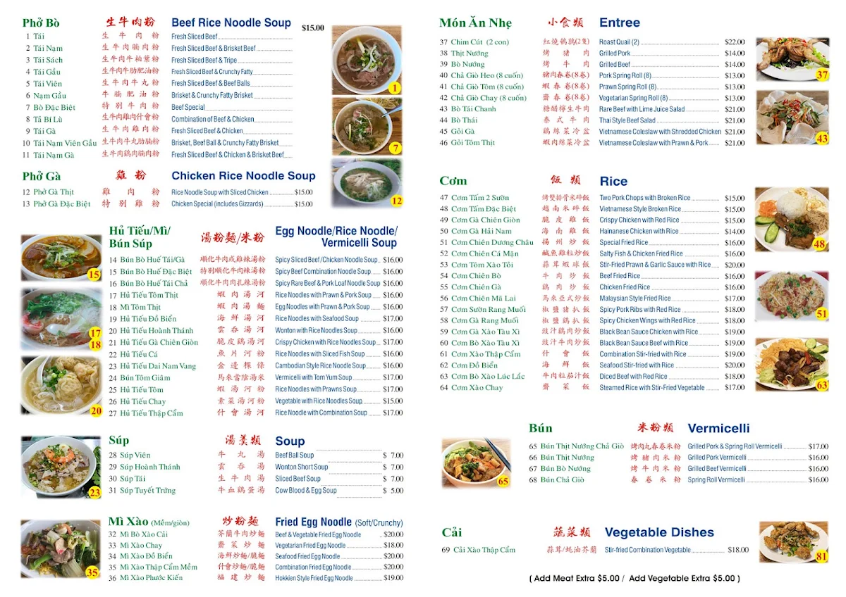 Menu, Bun Bo Hue Chu Le