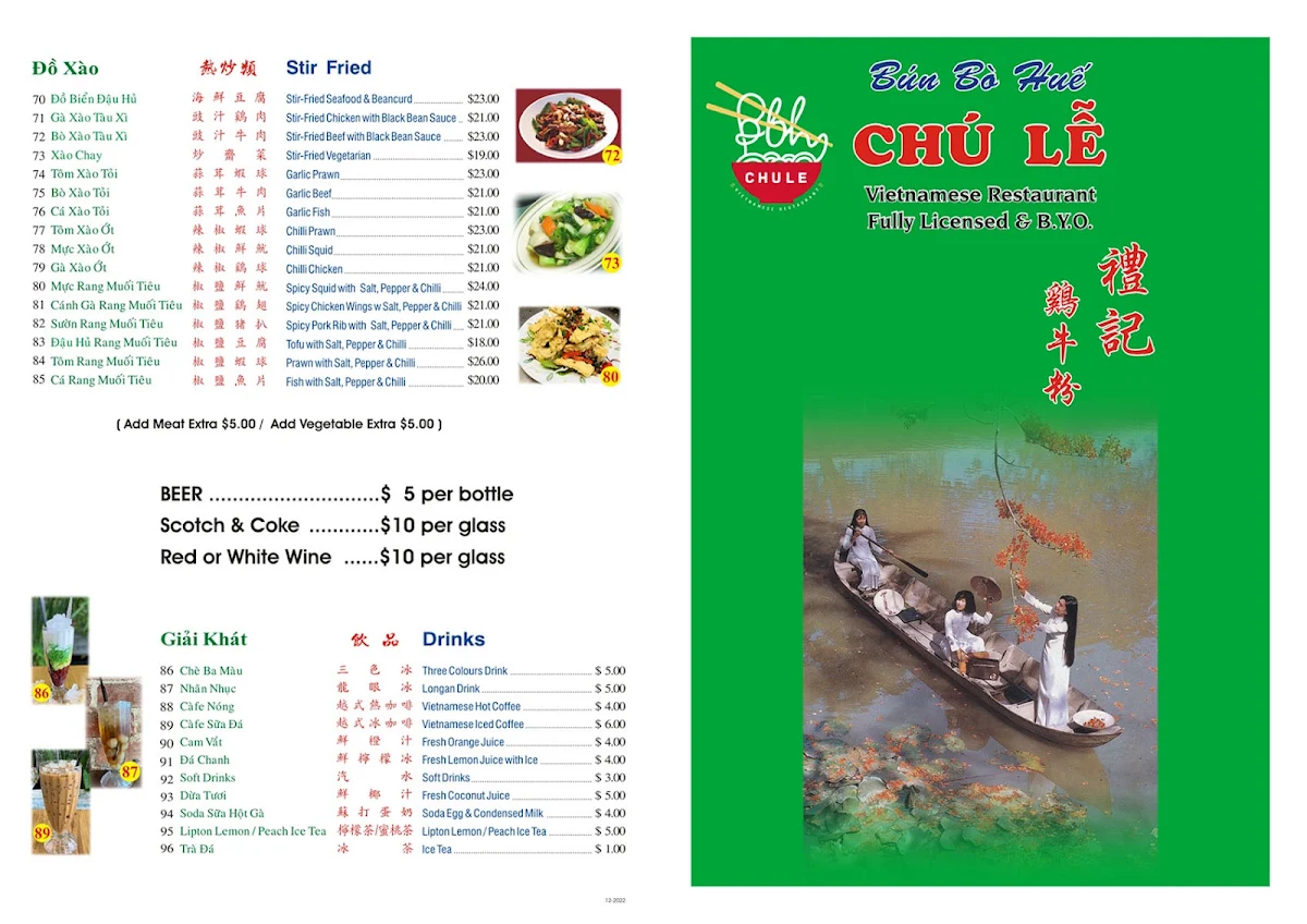 Menu, Bun Bo Hue Chu Le