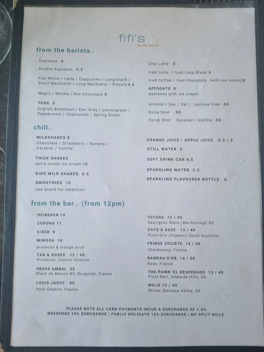 Menu, Fifi’s By The Beach