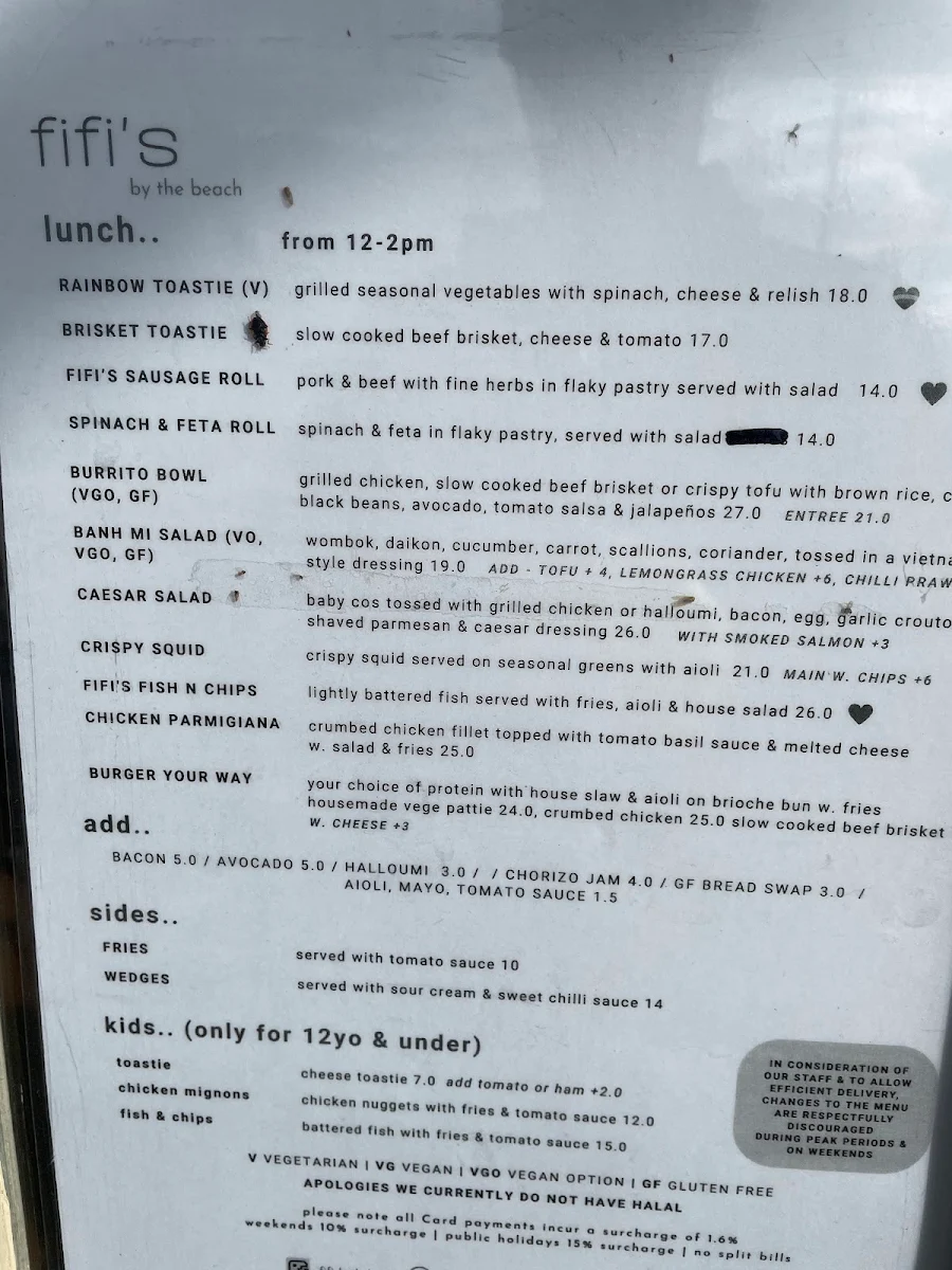 Menu, Fifi’s By The Beach
