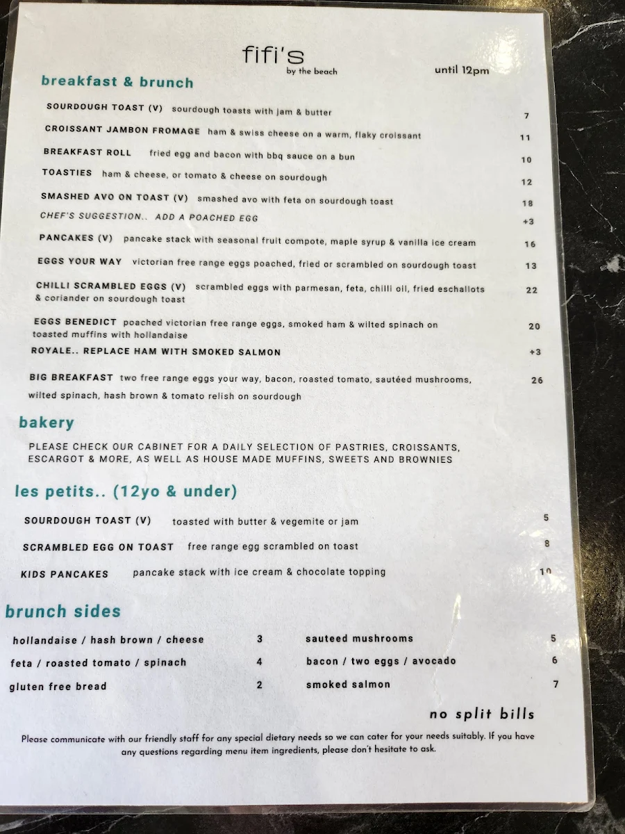 Menu, Fifi’s By The Beach