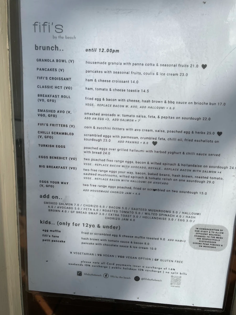 Menu, Fifi’s By The Beach