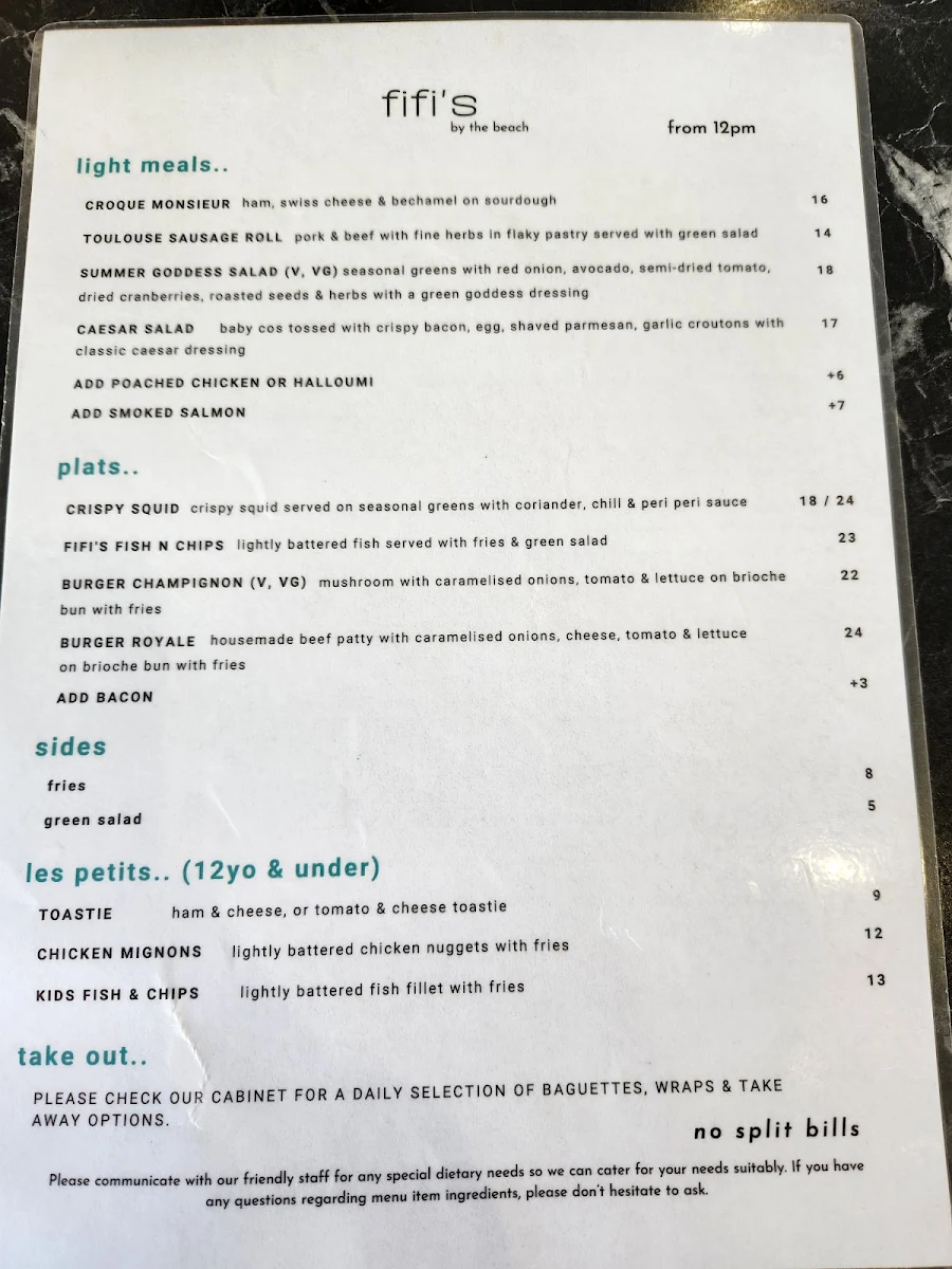 Menu, Fifi’s By The Beach