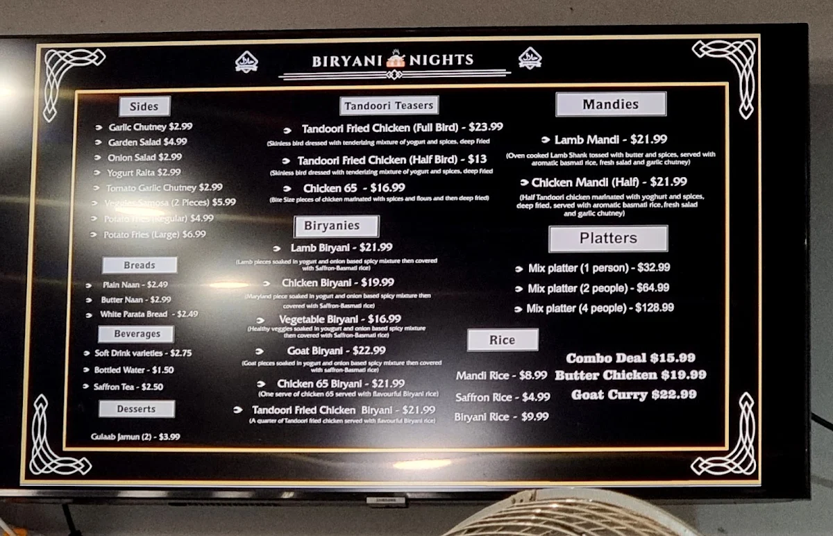 Menu, Biryani Nights
