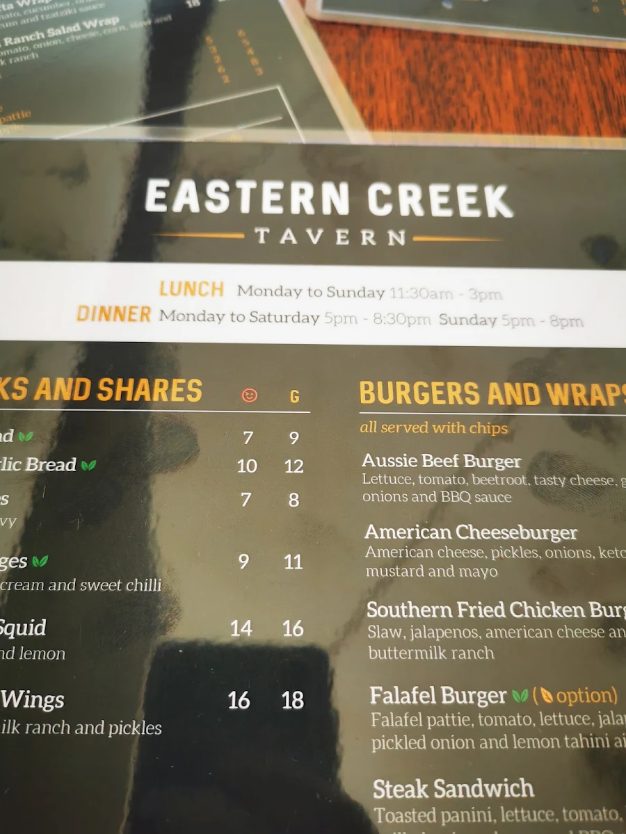 Menu, Eastern Creek Tavern