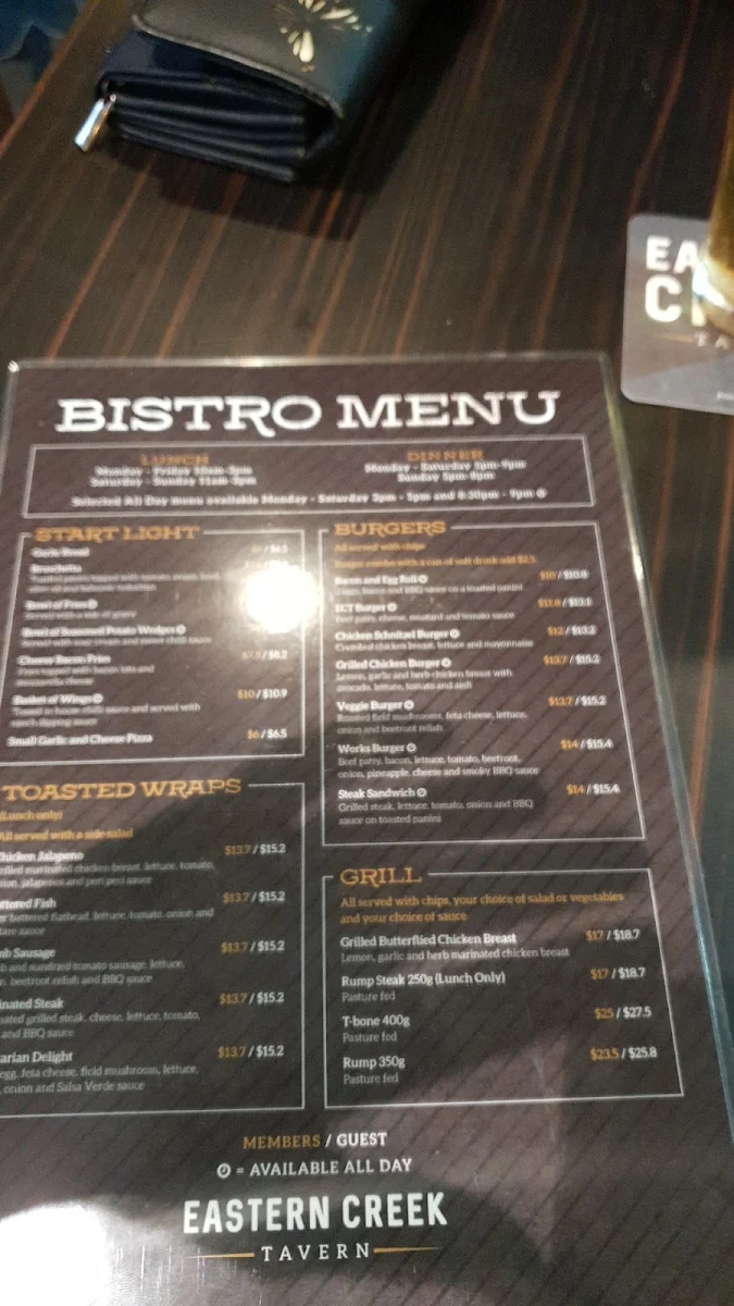 Menu, Eastern Creek Tavern