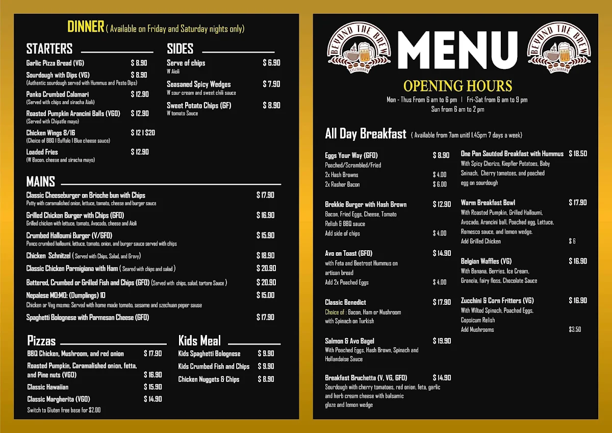Menu, Beyond The Brew Fitzgibbon