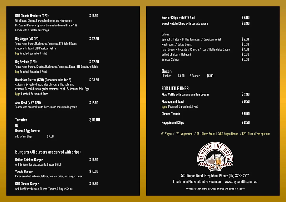 Menu, Beyond The Brew Fitzgibbon