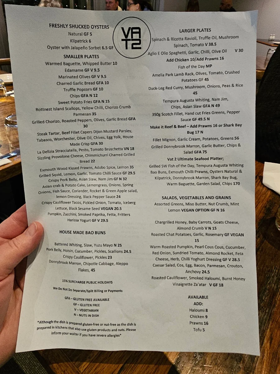 Menu, Vat 2 Restaurant Bunbury