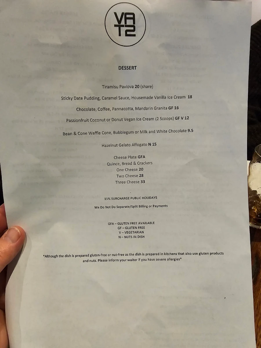 Menu, Vat 2 Restaurant Bunbury