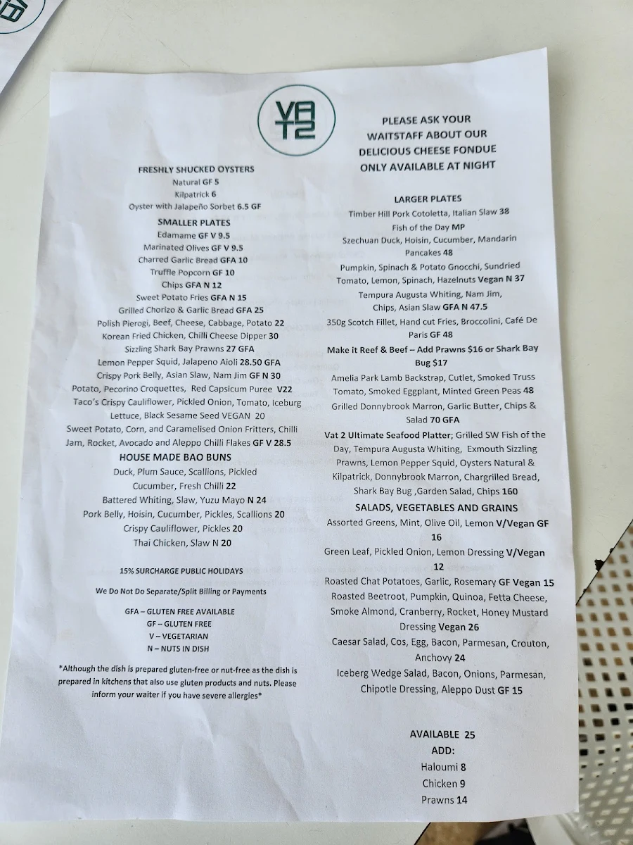 Menu, Vat 2 Restaurant Bunbury