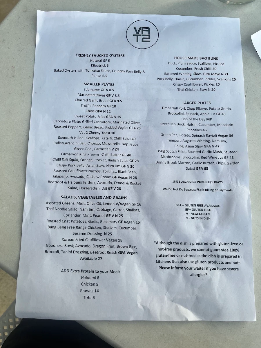 Menu, Vat 2 Restaurant Bunbury