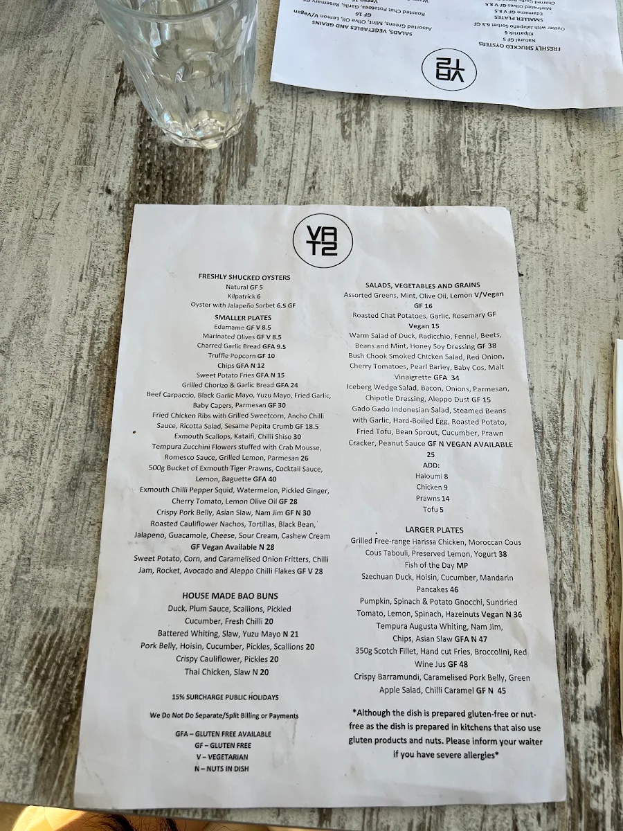 Menu, Vat 2 Restaurant Bunbury