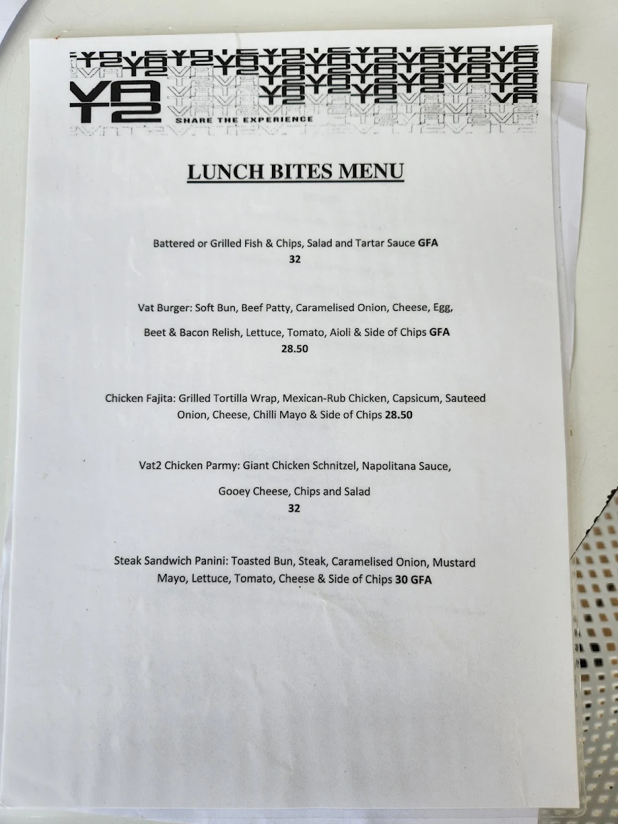 Menu, Vat 2 Restaurant Bunbury