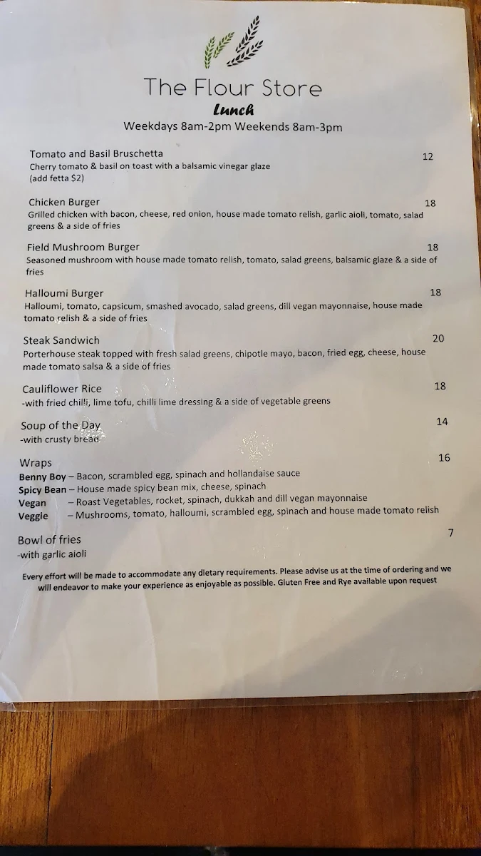 Menu, The Flour Store