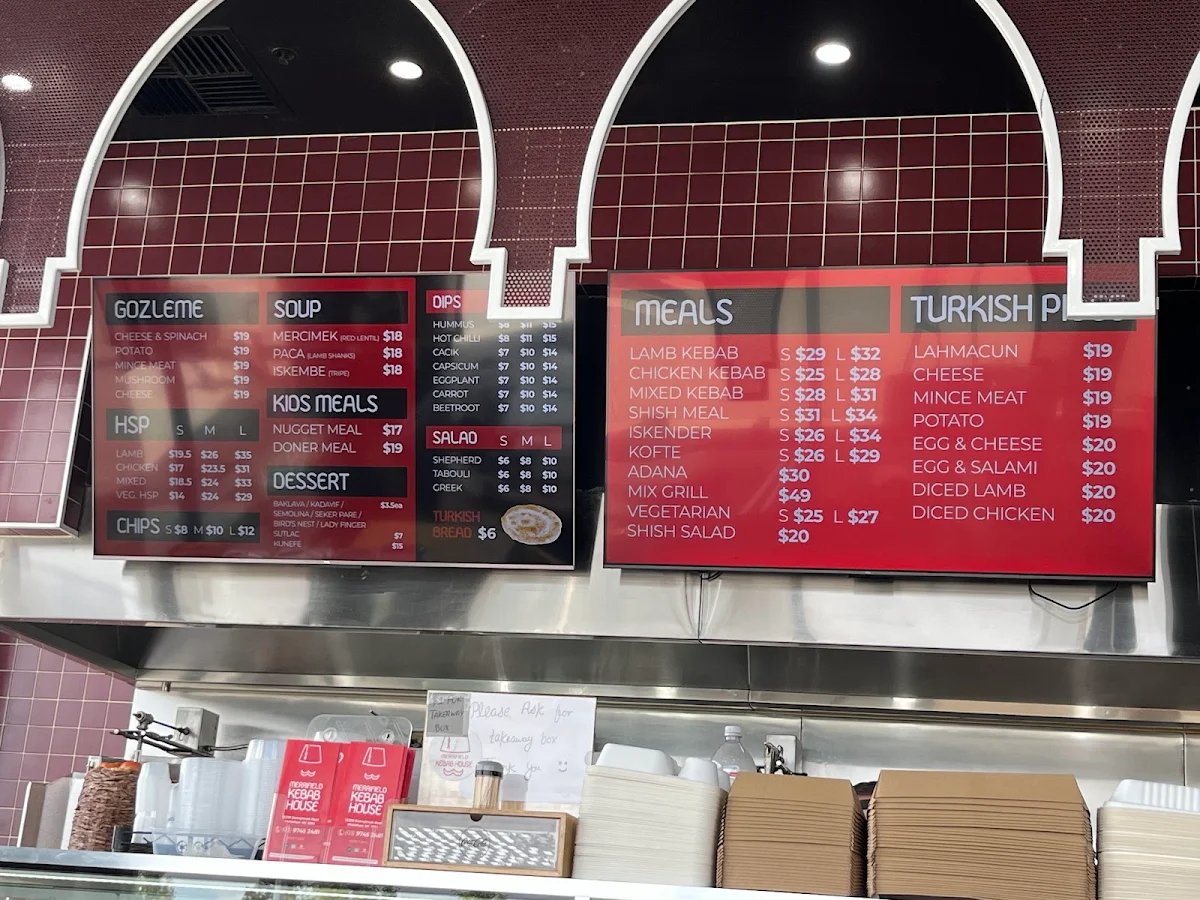 Menu, Merrifield Kebab House