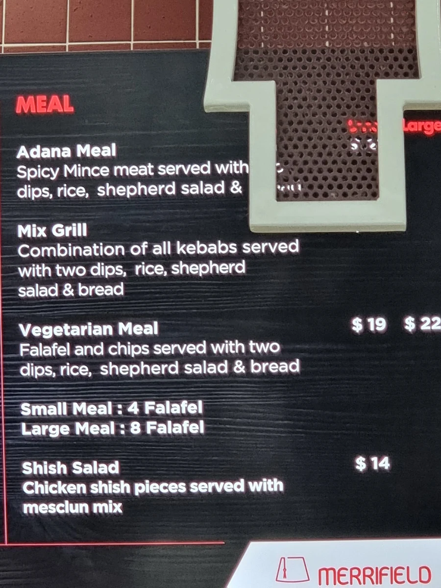 Menu, Merrifield Kebab House