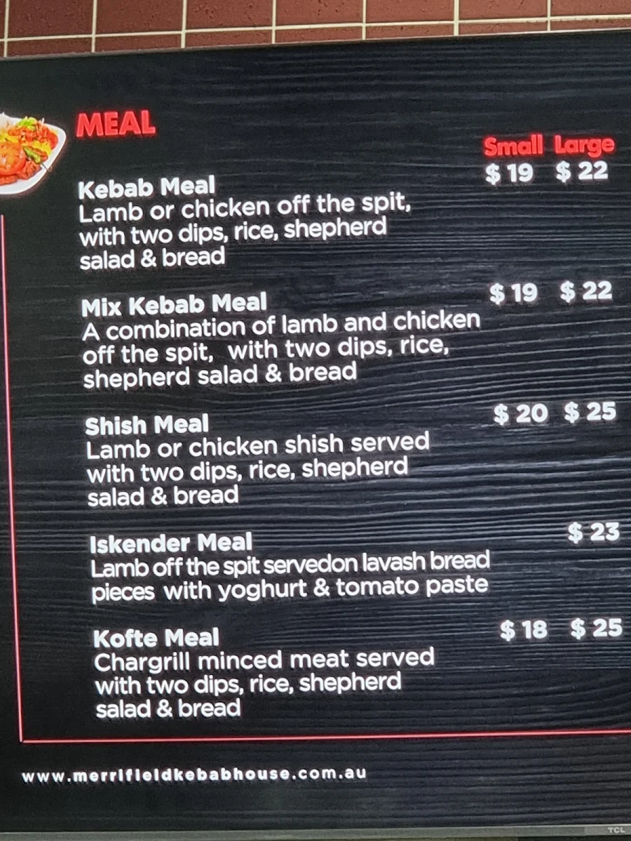 Menu, Merrifield Kebab House