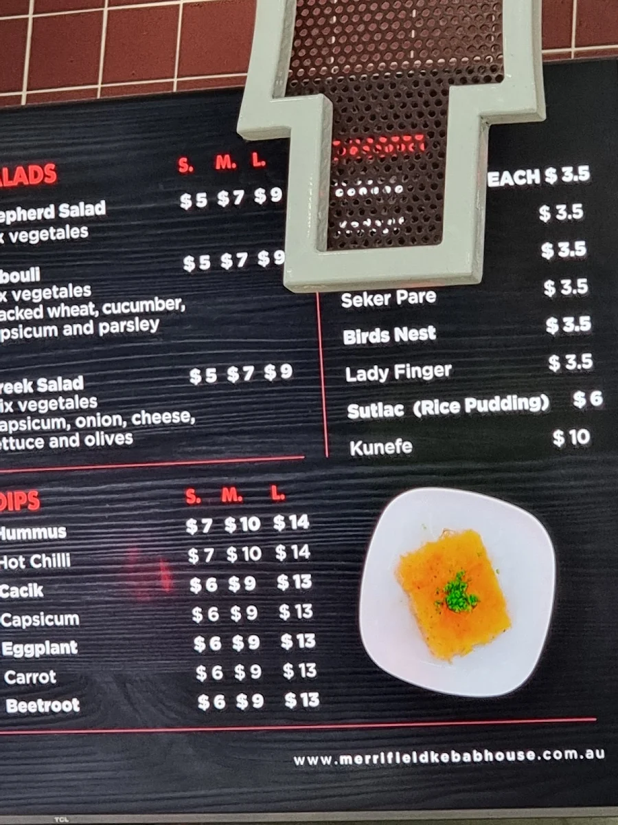Menu, Merrifield Kebab House