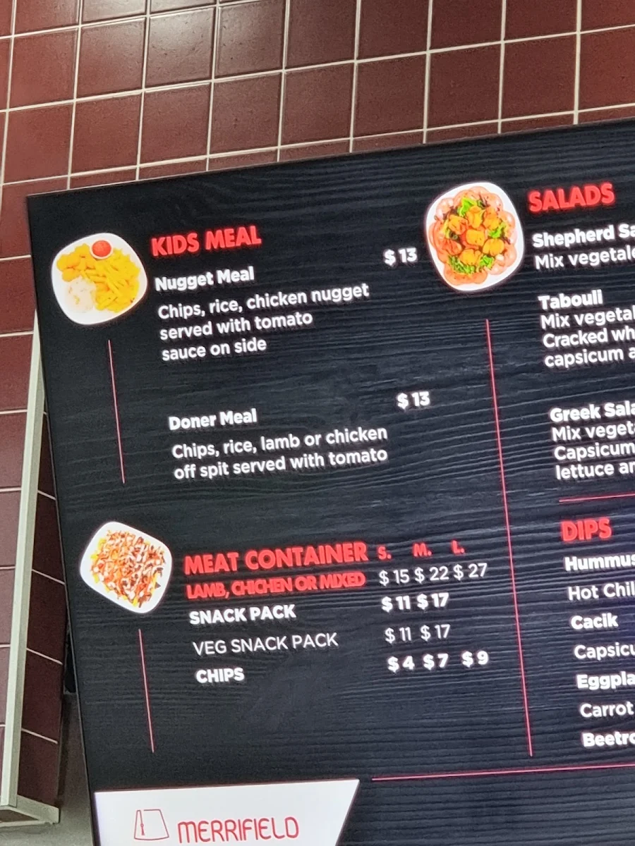 Menu, Merrifield Kebab House