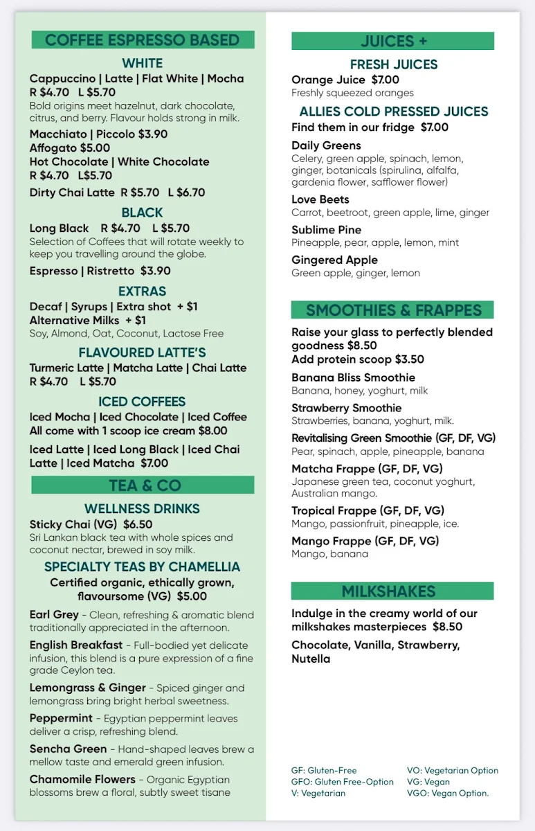 Menu, The Green Cafe