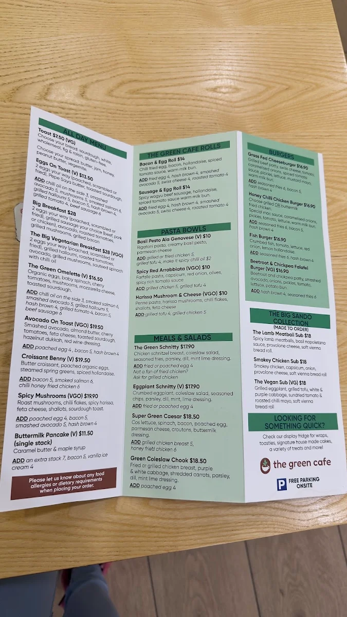 Menu, The Green Cafe