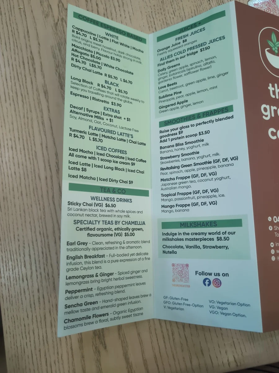 Menu, The Green Cafe