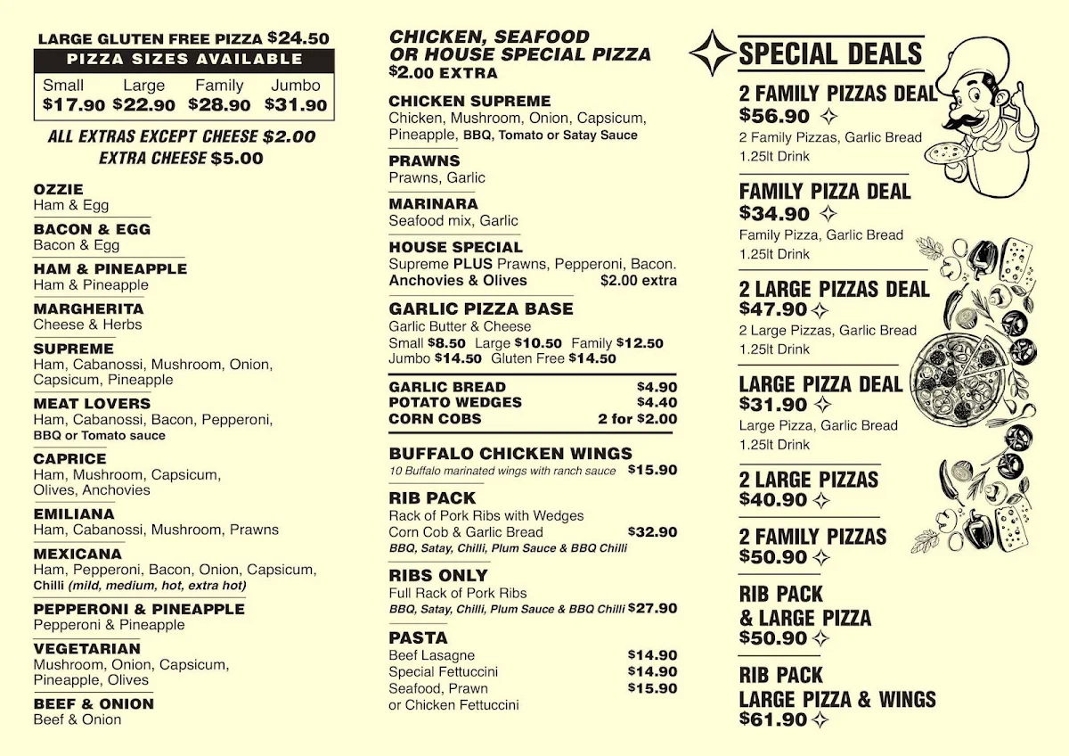 Menu, Bruce's Ozzie Pizza