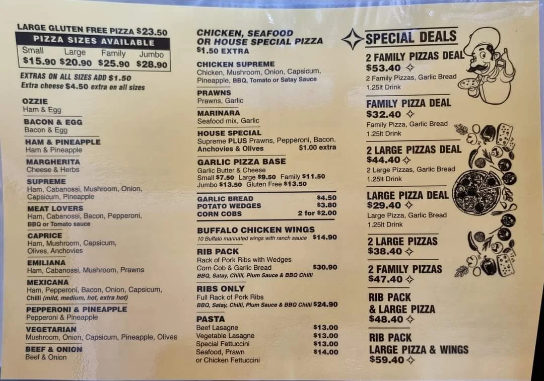 Menu, Bruce's Ozzie Pizza