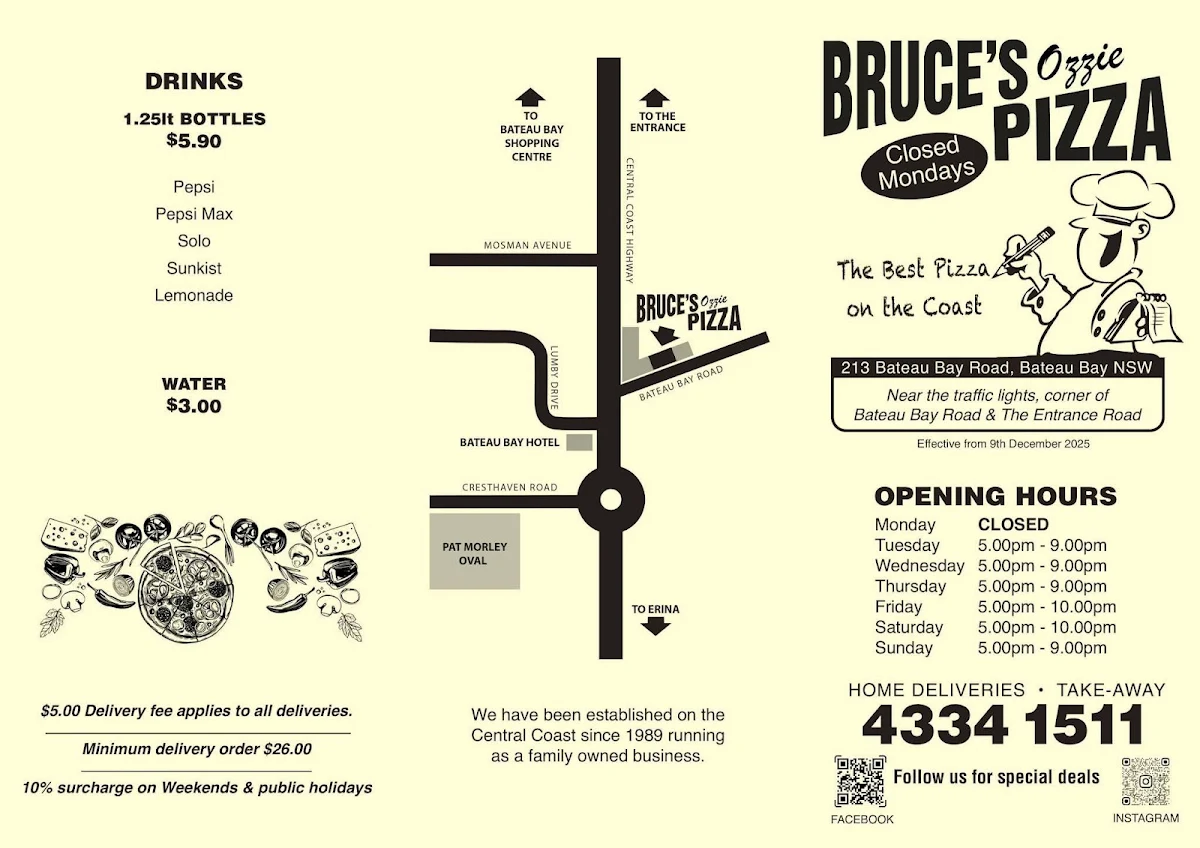 Menu, Bruce's Ozzie Pizza