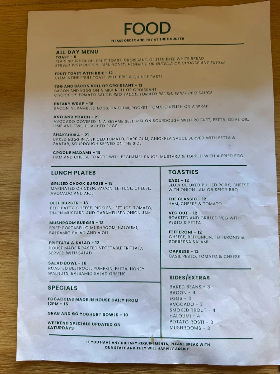 Menu, Mabel's Yass