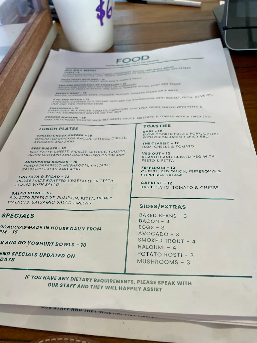 Menu, Mabel's Yass