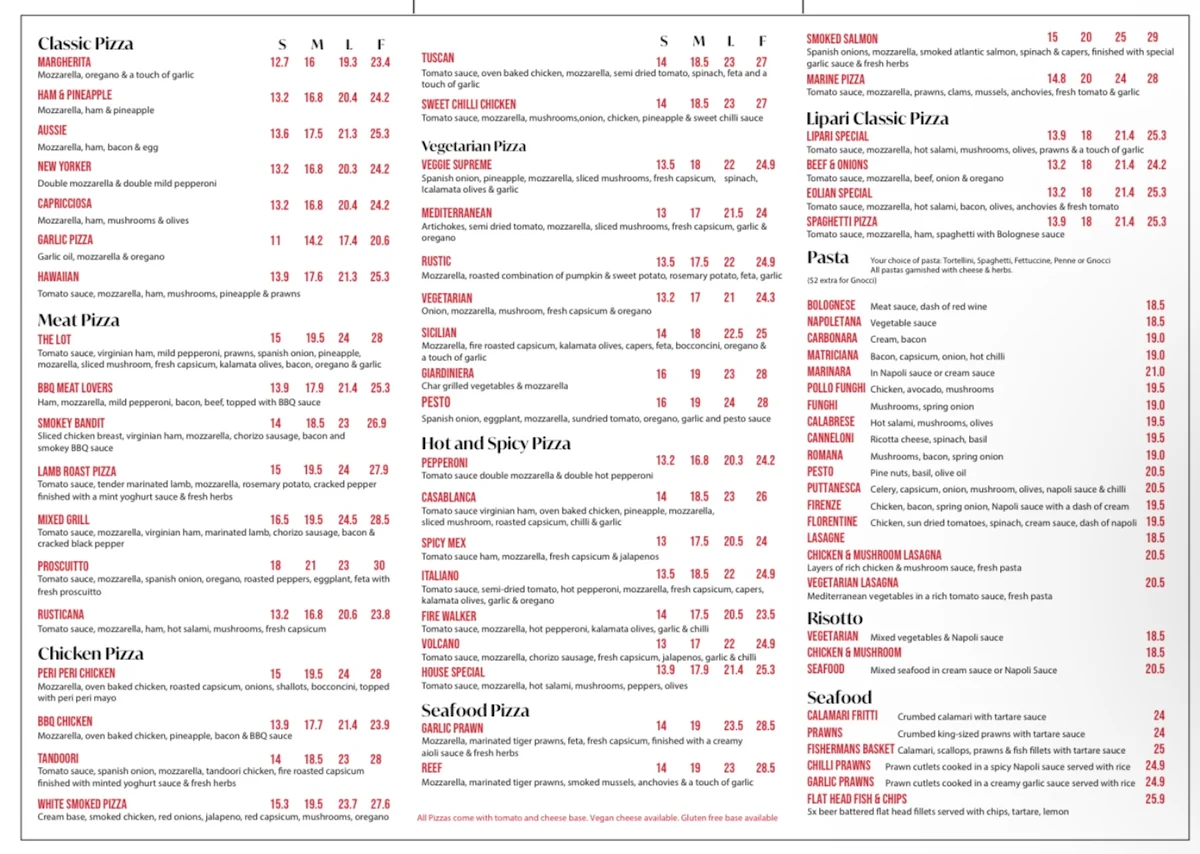 Menu, Lipari Pizza & Pasta Boronia