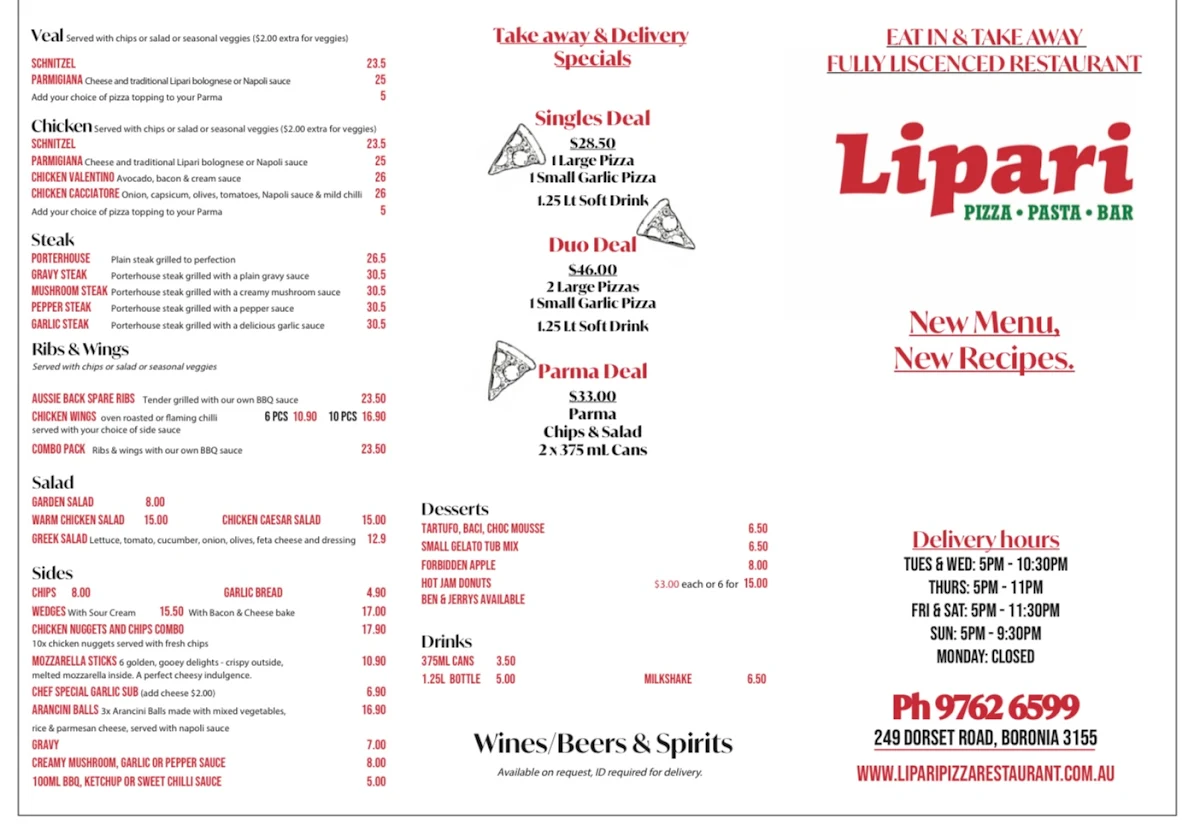 Menu, Lipari Pizza & Pasta Boronia