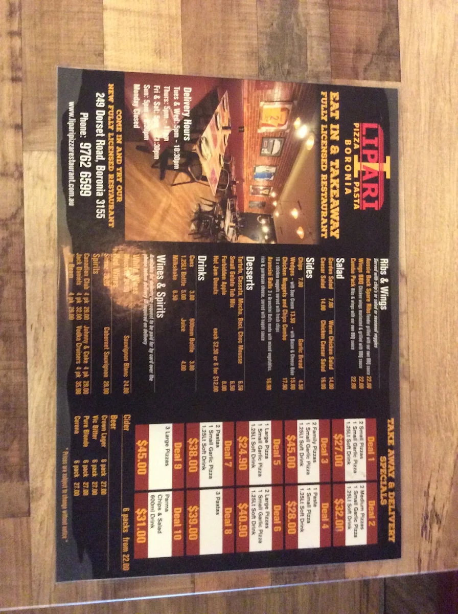 Menu, Lipari Pizza & Pasta Boronia