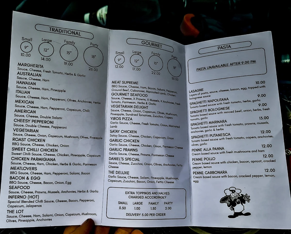 Menu, Daniel's Pizzeria