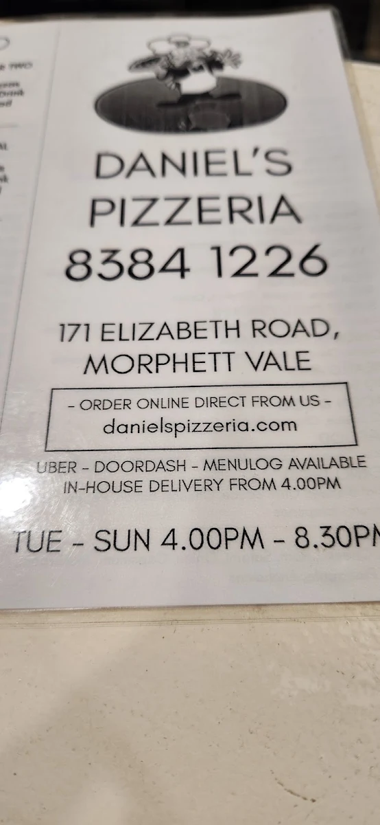 Menu, Daniel's Pizzeria