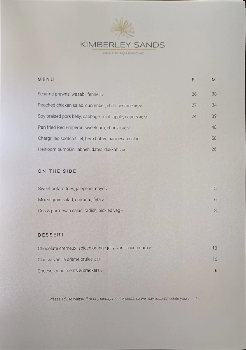 Menu, The Sands Restaurant & Bar