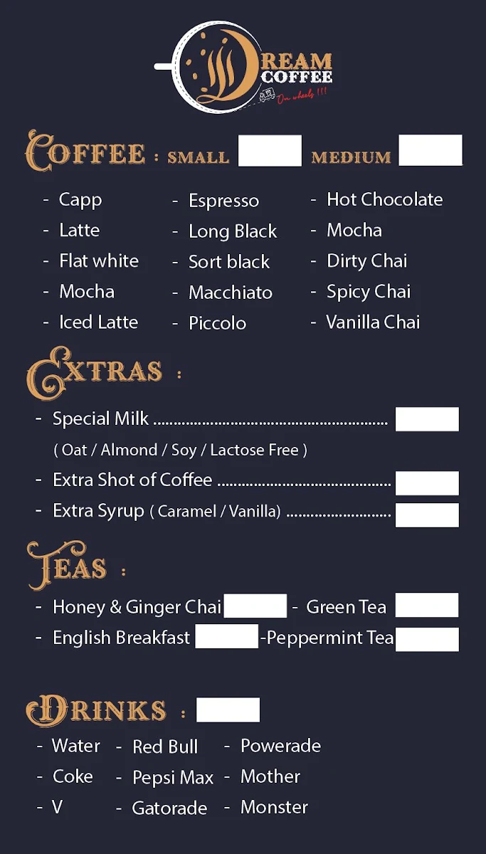 Menu, Dream Coffee