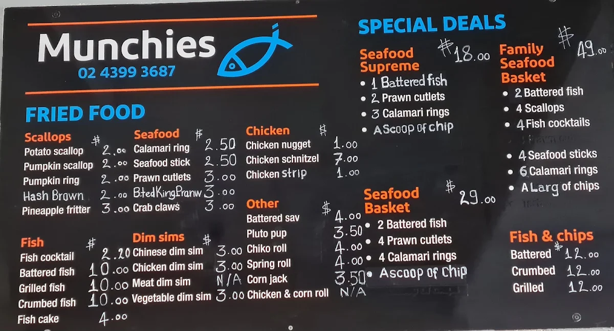 Menu, Munchies at Budgewoi (Under New Management 2025 !)