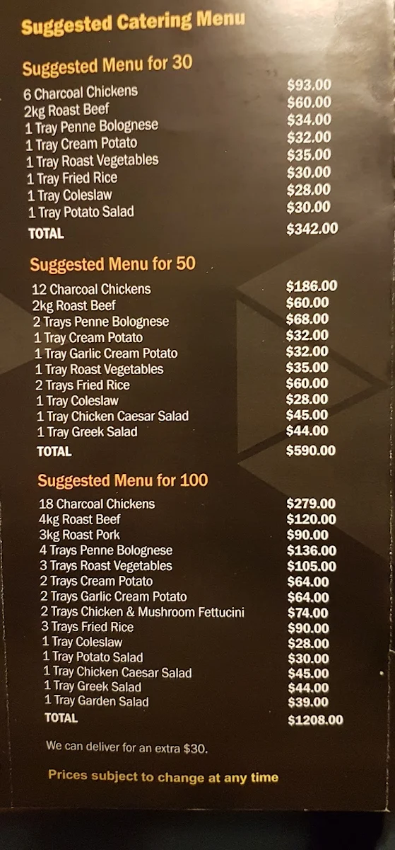 Menu, Chicken King