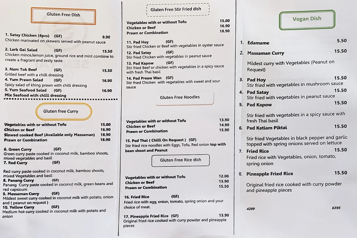 Menu, Sen Yai Thai Restaurant