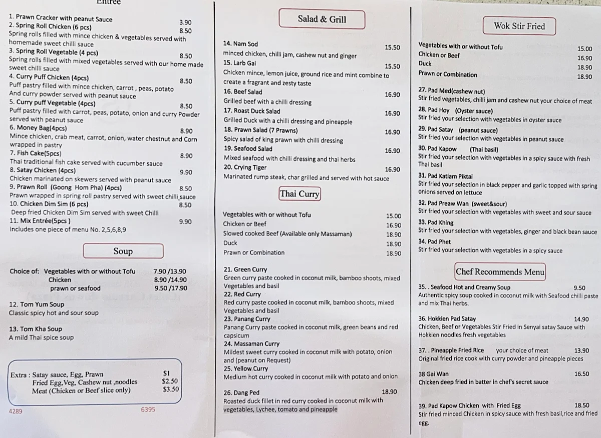 Menu, Sen Yai Thai Restaurant