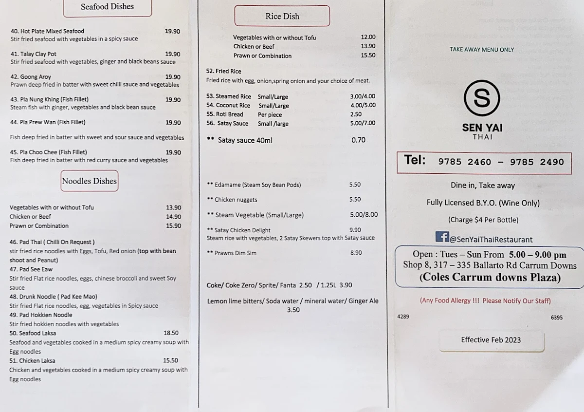 Menu, Sen Yai Thai Restaurant