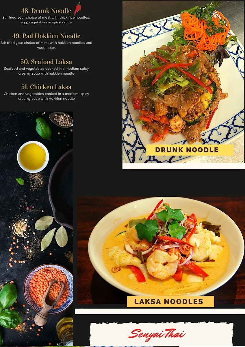 Menu, Sen Yai Thai Restaurant